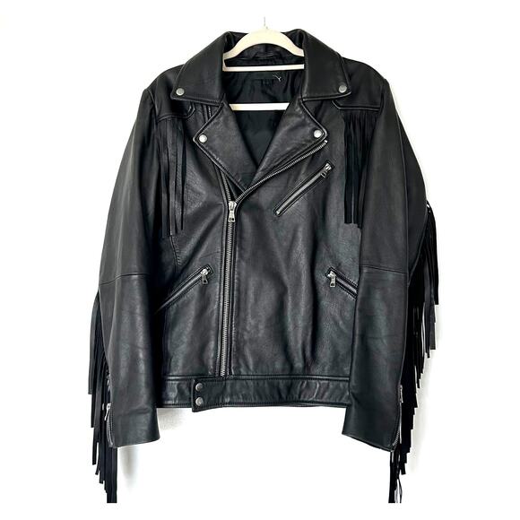 EUC ASOS‎ 100% Real Leather Fringe Moto Jacket Sz Small Black Western Boho Biker - Picture 3 of 16